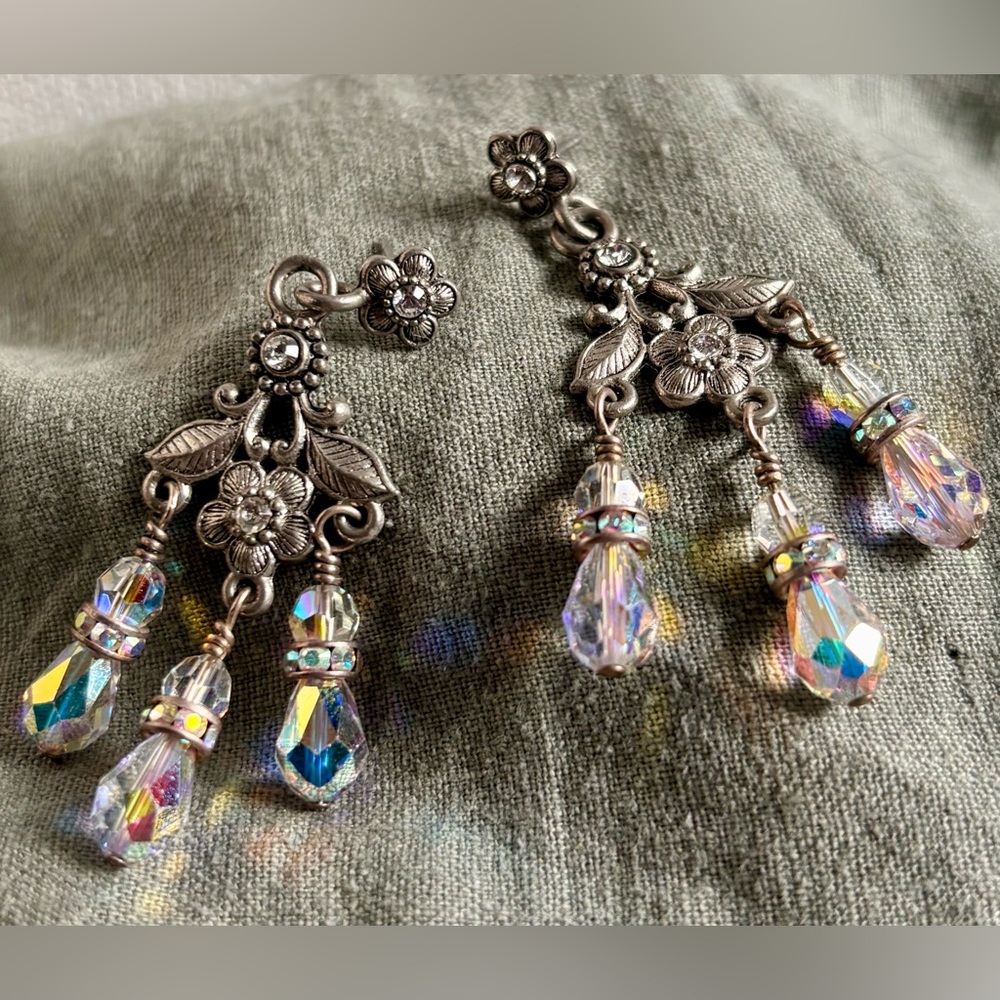 Silver Floral Crystal Drop Earrings - Iridescent Aurora Beads